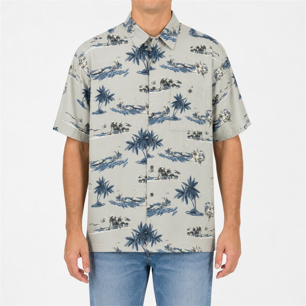 Munsingwear Shirt Men Large Blue Gray Hawaiian Palm Tree Beach Aloha Button-Up